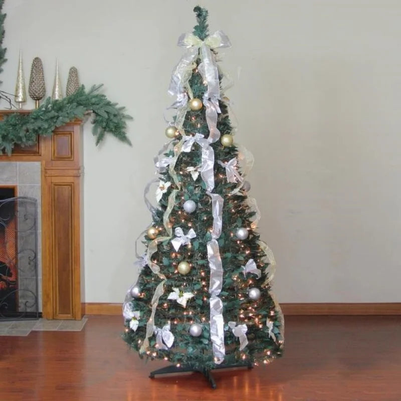 Petit sapin lumineux pop-up 120 cm avec LED, rubans et fleurs de Noël