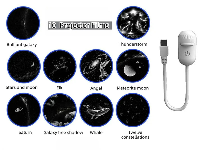 Projecteur d'étoiles USB à veilleuse chaude – lampe et 10 films