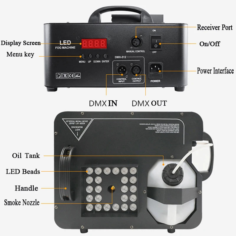 Machine à fumée verticale 1500 W, 24 LED RGB, DMX