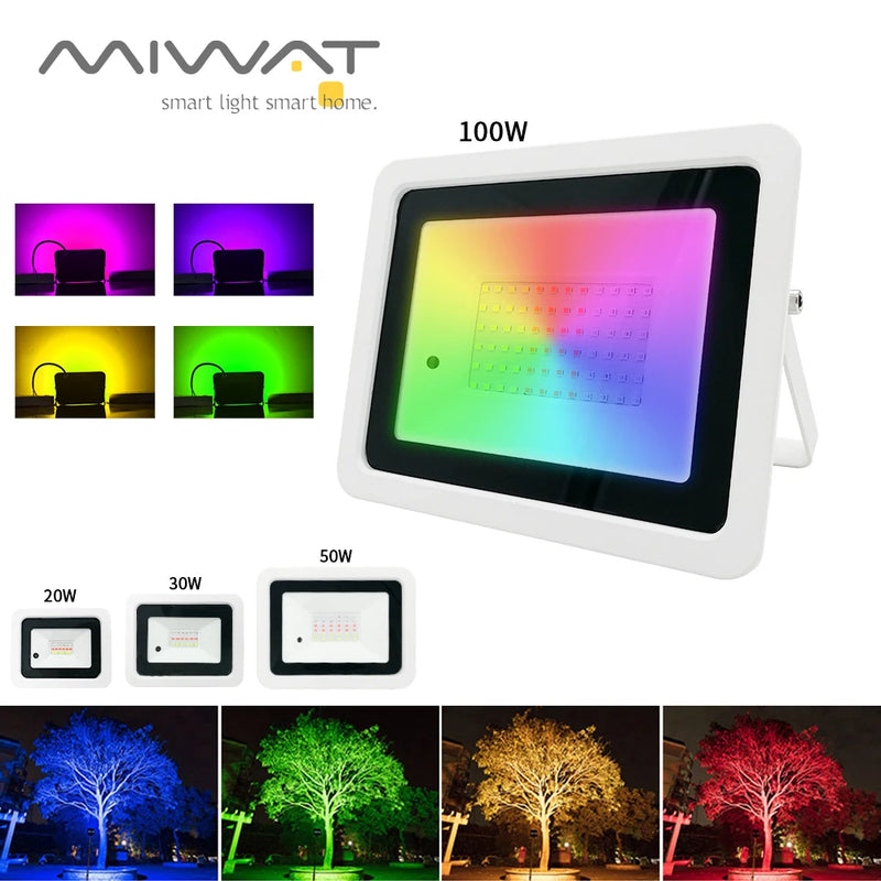 Projecteur RGB IP68 – modèle 100 W à coque blanche, tailles 20, 30 et 50 W et arbres éclairés en couleurs