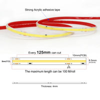 Ruban LED COB 220 V – schéma des dimensions et de la coupe tous les 12,5 cm