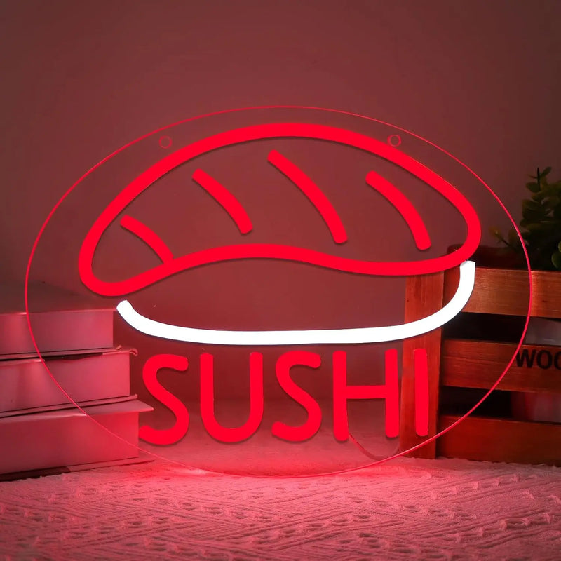 Enseigne néon sushi – modèle nigiri rouge SUSHI sur plaque ronde