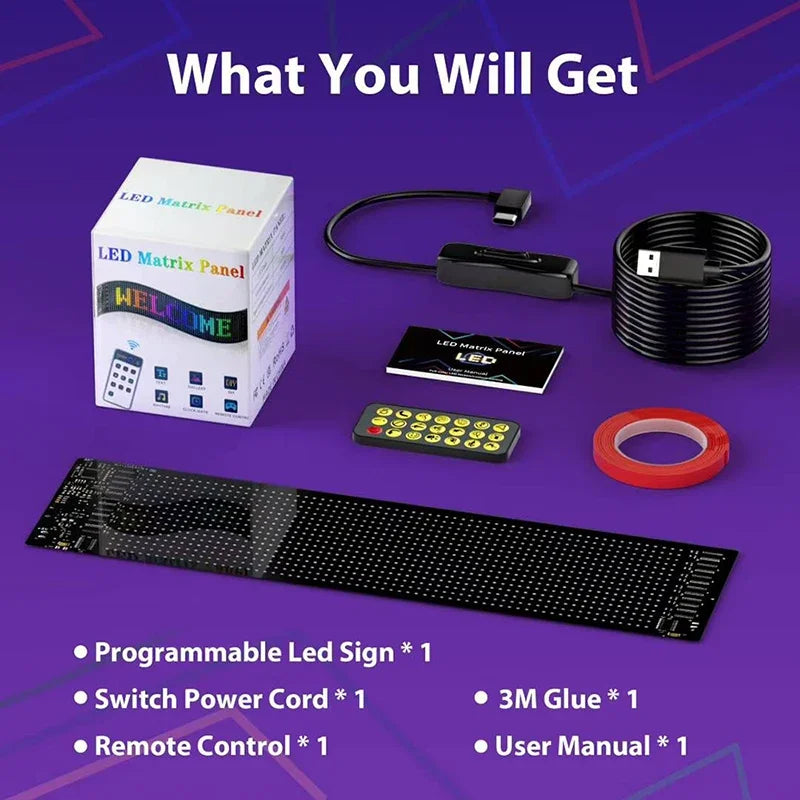 Panneau LED matriciel flexible – contenu du colis : panneau, câble USB, télécommande, ruban adhésif et notice