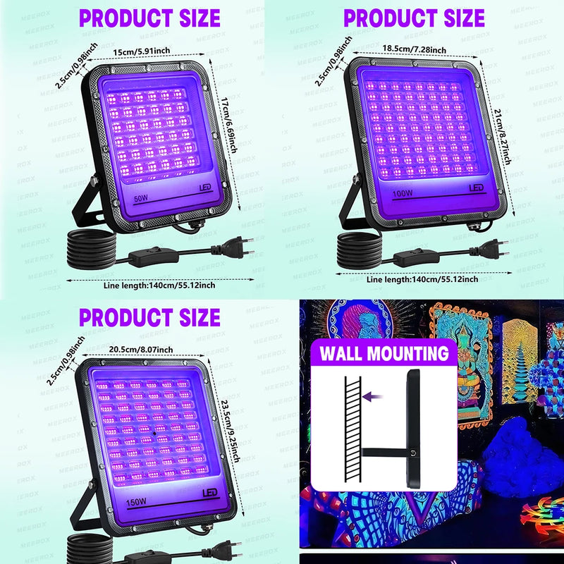 Projecteur lumière noire LED UV 395 nm, 50 à 150 W, 1 ou 2 pièces