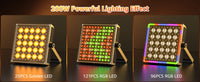 Projecteur LED carré 200 W laveur de mur – trois vues : LED dorées, matrice RGB et cadre RGB