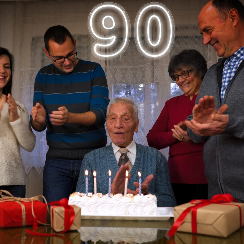 Chiffre néon LED blanc – chiffres 9 et 0 pour un anniversaire de 90 ans