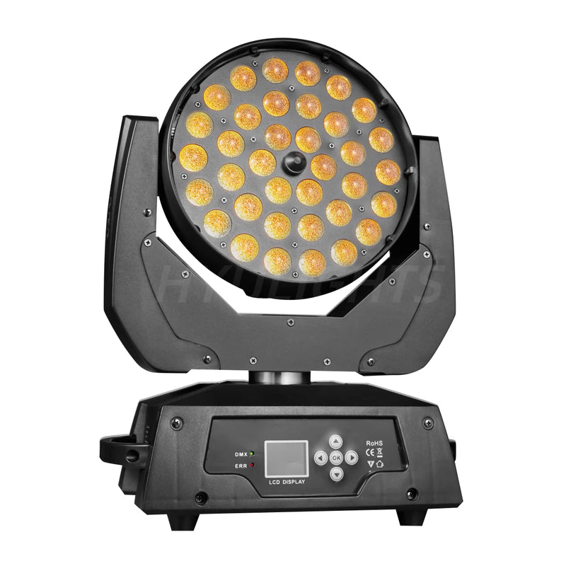 Lyres LED wash 36 x 18 W – vue de face, LED allumées en ambre