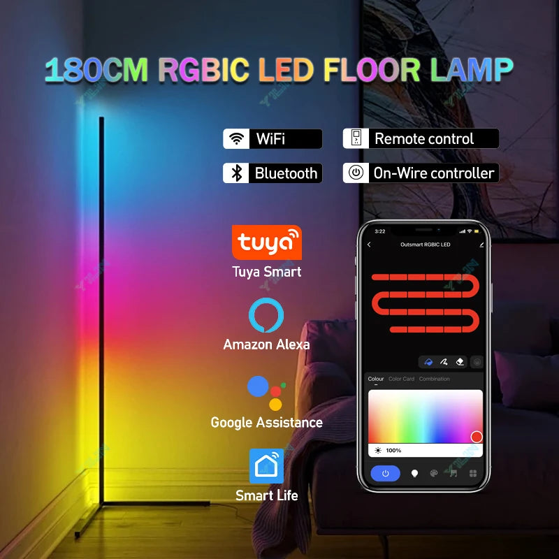 Lampadaire d'angle LED RGBIC multicolore avec télécommande, 145 ou 180 cm