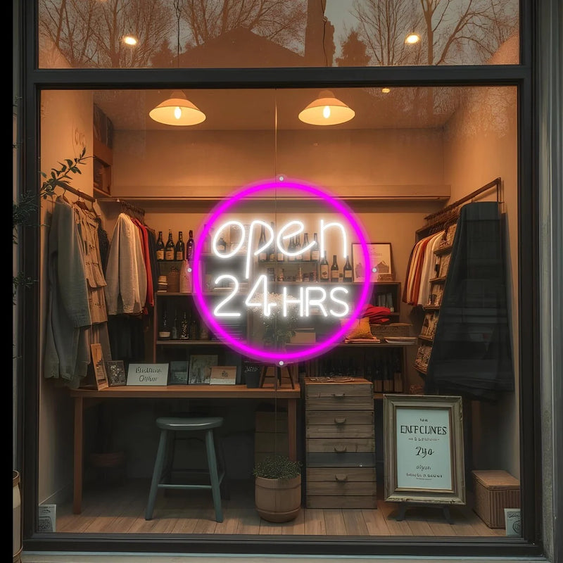 Panneau OPEN 24 HRS en néon LED – cercle rose en vitrine de boutique