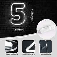 Chiffre néon LED blanc – dimensions du chiffre 5, 30 x 21 cm