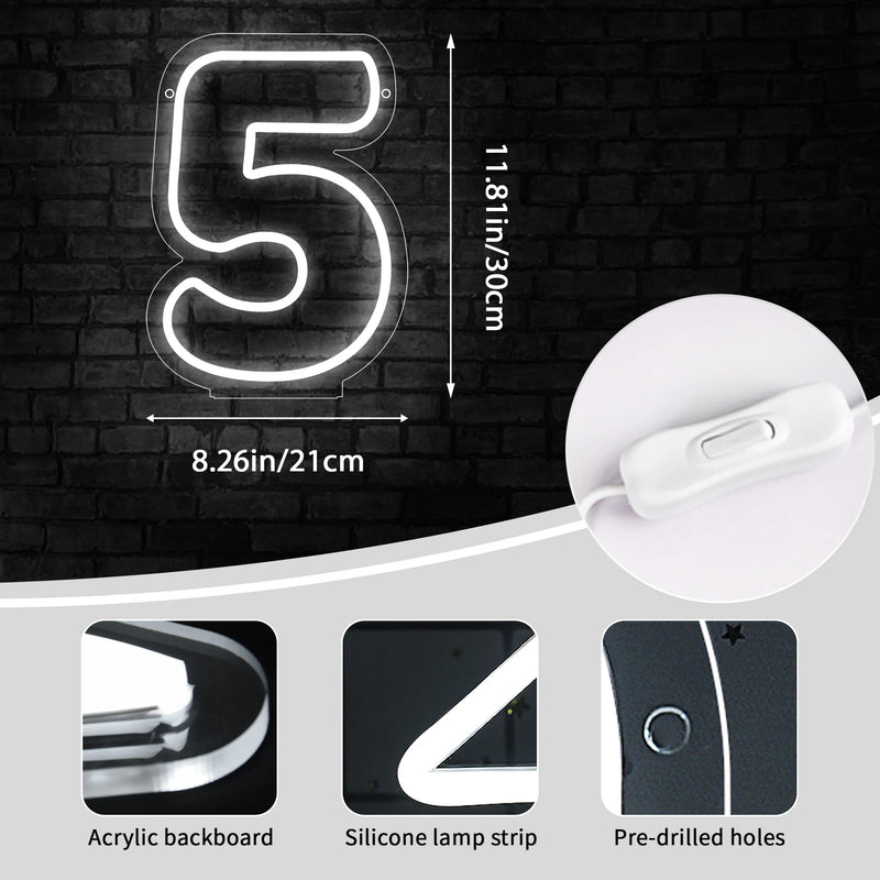 Chiffre néon LED blanc – dimensions du chiffre 5, 30 x 21 cm