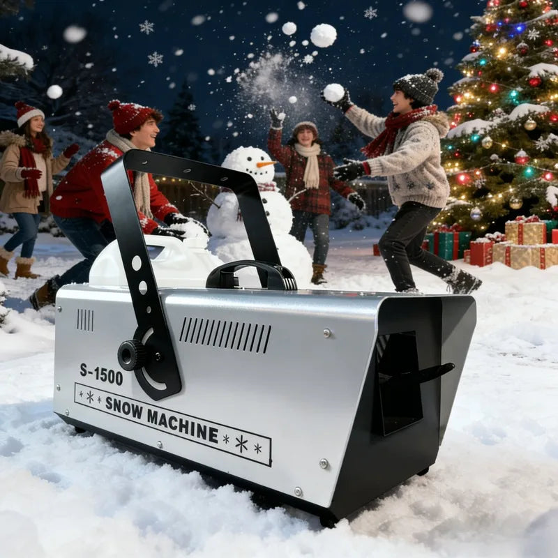Machine à neige 1500 W – enfants et bonhomme de neige devant un sapin de Noël