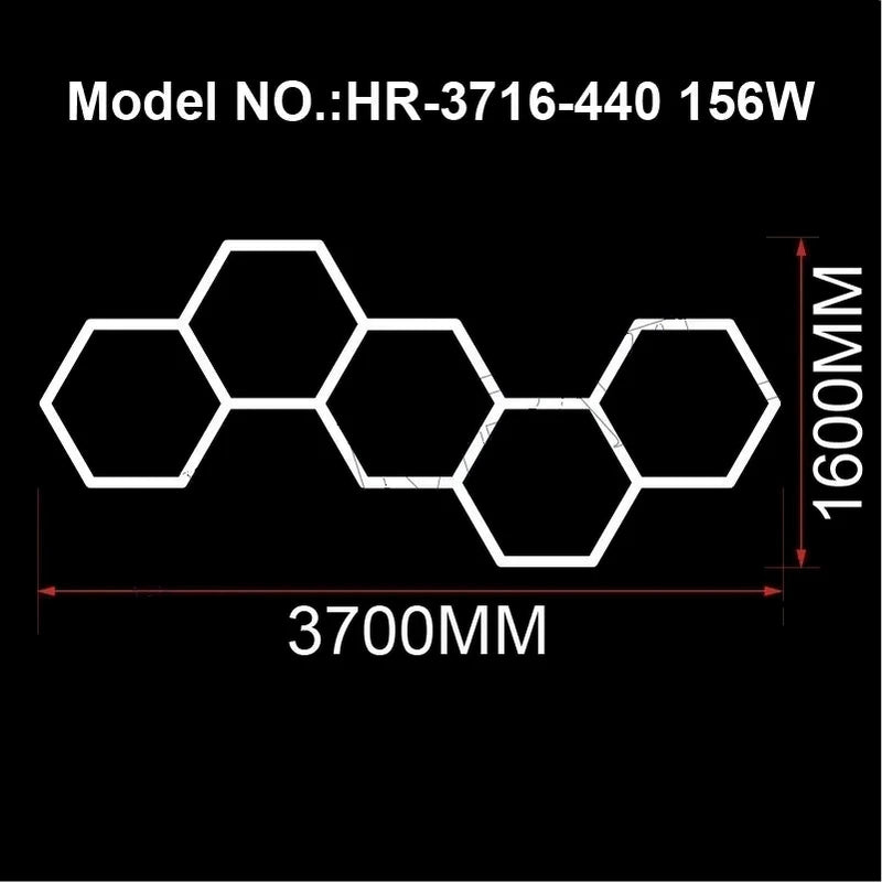 Éclairage LED hexagonal – schéma 5 hexagones en vague, 370 x 160 cm