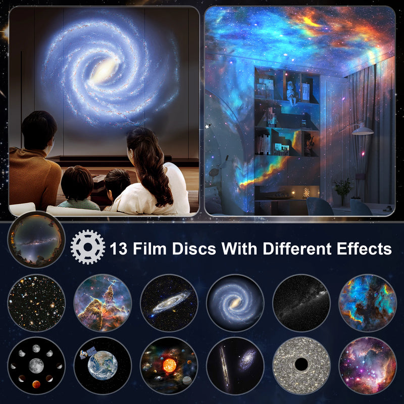 Projecteur planétarium globe – famille devant une galaxie projetée au salon et les 13 films aux effets différents