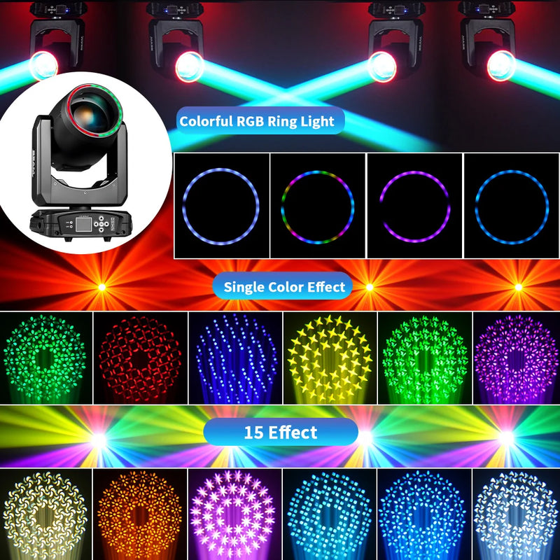 Lyre beam 7R 230 W à halo LED RGB, zoom de 0 à 4°, 14 gobos, DMX 18 canaux