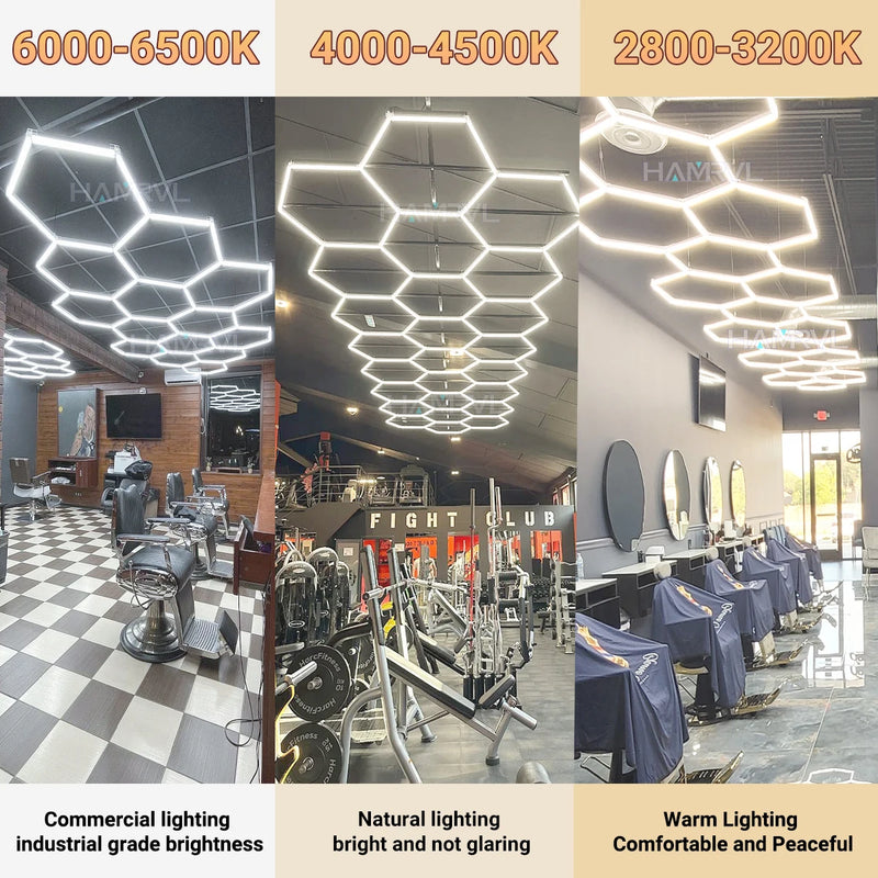 Plafonnier hexagonal LED – trois températures de couleur : 6000-6500 K, 4000-4500 K et 2800-3200 K