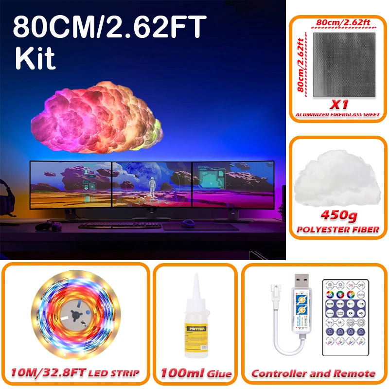 Nuage lumineux DIY – kit 80 cm avec ruban LED de 10 m, fibre de polyester, colle, contrôleur et télécommande