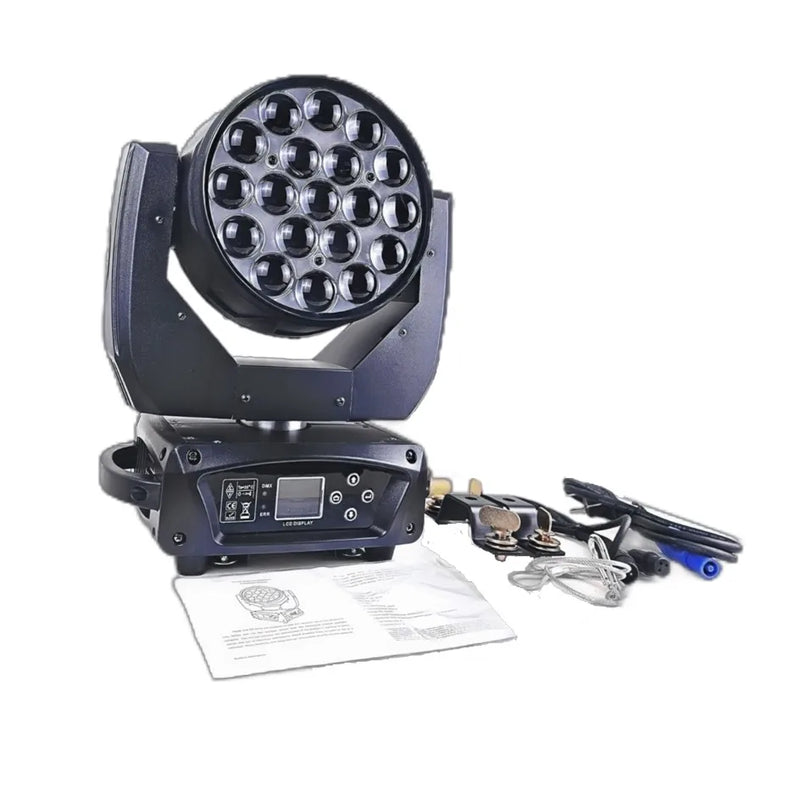 Lot de 2 lyres LED wash zoom 19 x 15 W – une lyre avec ses câbles, ses fixations et sa notice