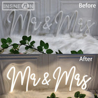 Néon mariage – « Mr & Mrs » éteint puis allumé, avant et après
