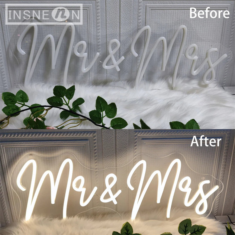 Néon mariage – « Mr & Mrs » éteint puis allumé, avant et après