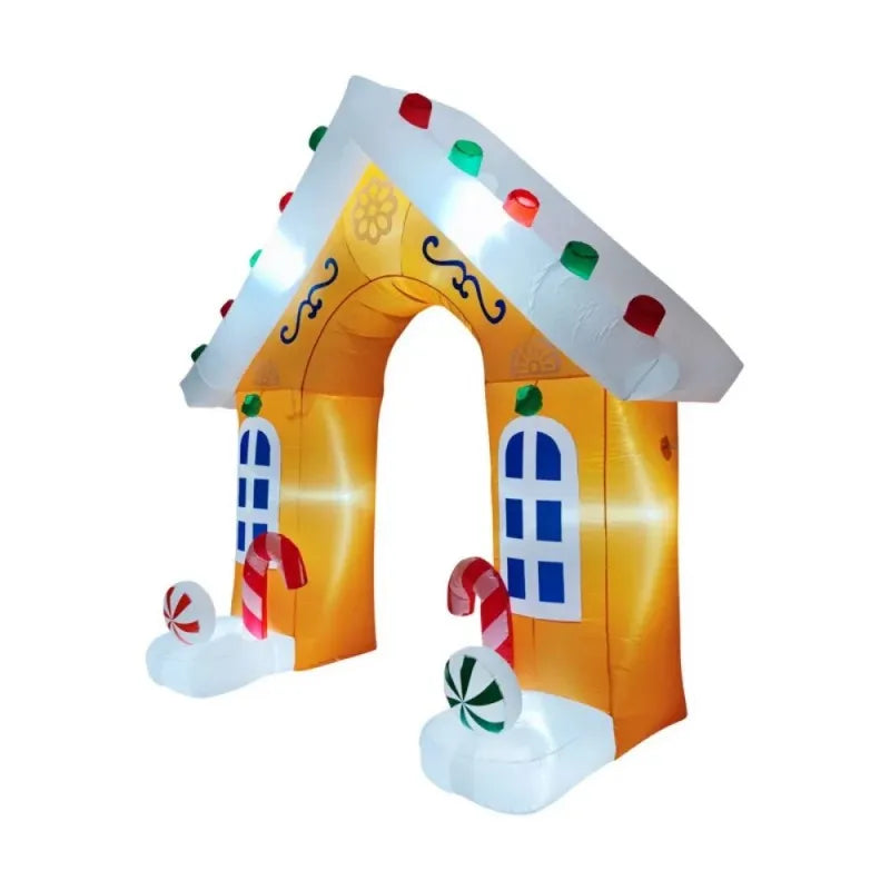 Gonflable de Noël lumineux – arche maison en pain d'épice sur fond blanc