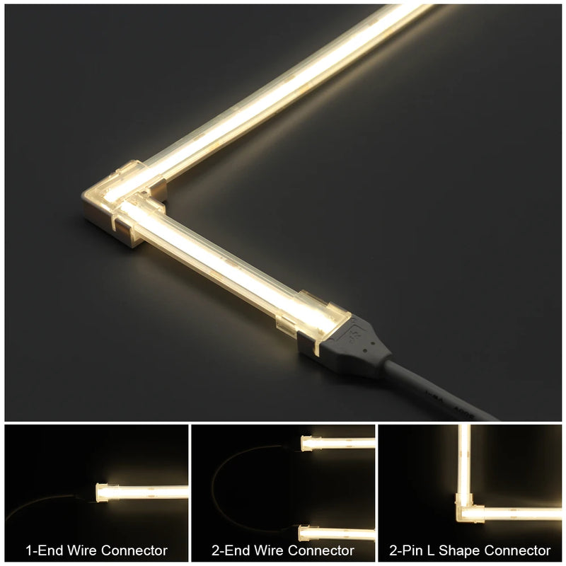 Connecteur bande LED COB IP67 – connecteur d'angle en L et connecteurs à câble sur une bande allumée