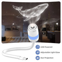 Projecteur ciel étoilé à tiroir – col flexible, bande lumineuse bleue et projection d'une baleine céleste sur le mur