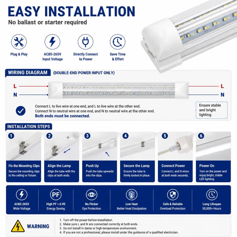 Lot de 10 tubes LED en V T8 de 60 à 240 cm pour garage et atelier