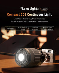 Lumière continue COB compacte 60 W – présentation de la lampe en forme d'objectif