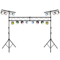 Structure truss portique DJ – vue de face avec les projecteurs sur la poutre et les barres en T