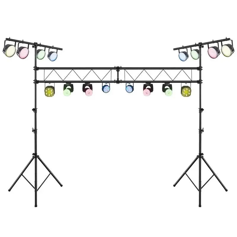 Structure truss portique DJ – vue de face avec les projecteurs sur la poutre et les barres en T