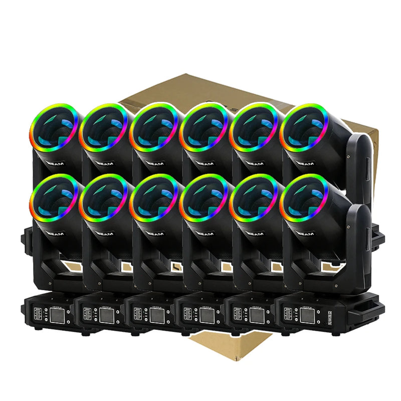 Lot de 12 lyres LED beam 200 W à anneau RGB, 13 gobos et DMX