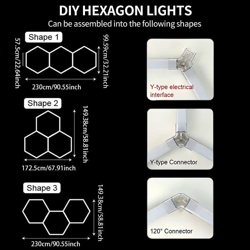 Éclairage LED hexagonal de garage – format de 3 hexagones à barres de 57,5 cm