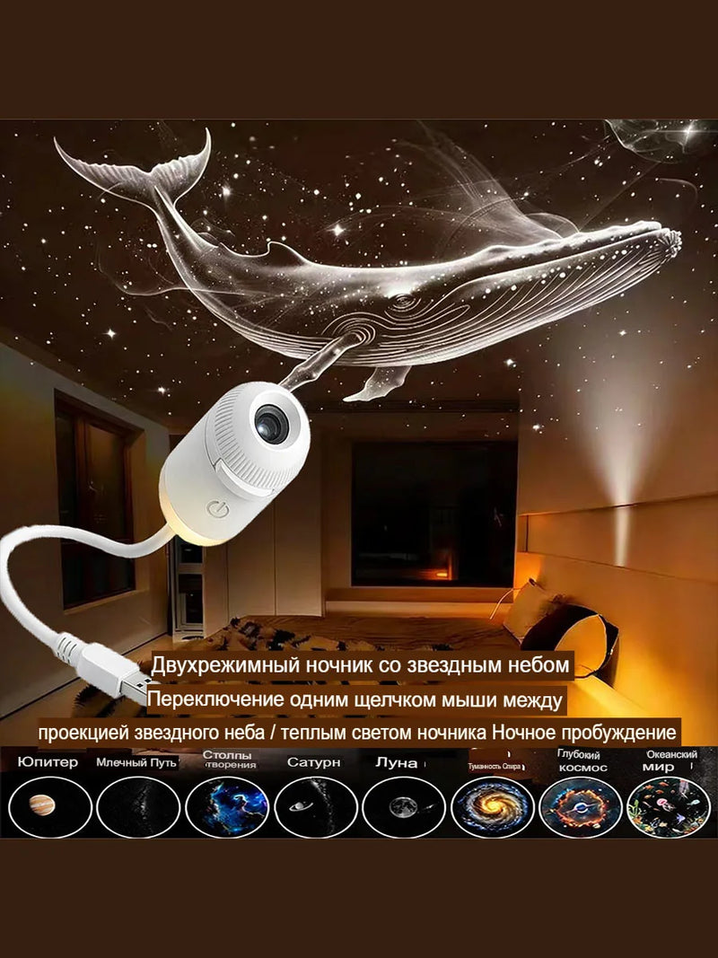 Mini projecteur d'étoiles cadeau – baleine céleste projetée au plafond d'une chambre, légende en caractères étrangers