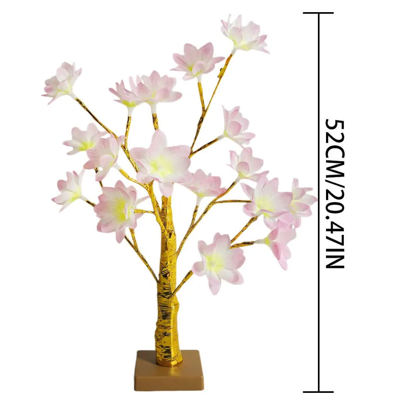 Arbre lumineux de table à fleurs de camélia, 18 LED à piles, 52 cm