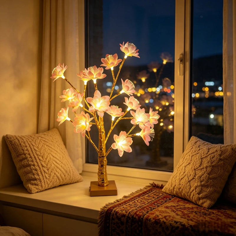 Arbre lumineux de table à fleurs de camélia, 18 LED à piles, 52 cm