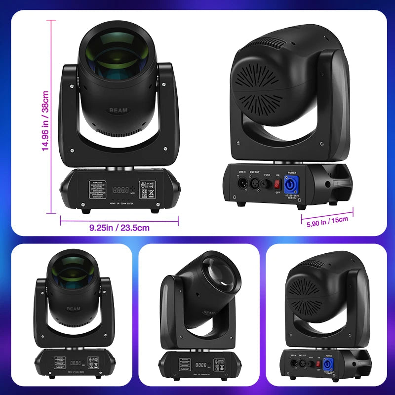 Lyre LED beam 200 W à 18 prismes – dimensions de 38 x 23,5 x 15 cm et vues de la lyre