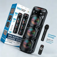Enceinte karaoké lumineuse 40 W – colonne avec son emballage, micro et télécommande