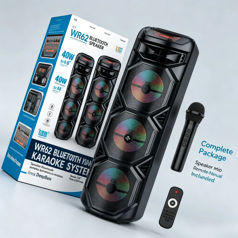 Enceinte karaoké lumineuse 40 W – colonne avec son emballage, micro et télécommande