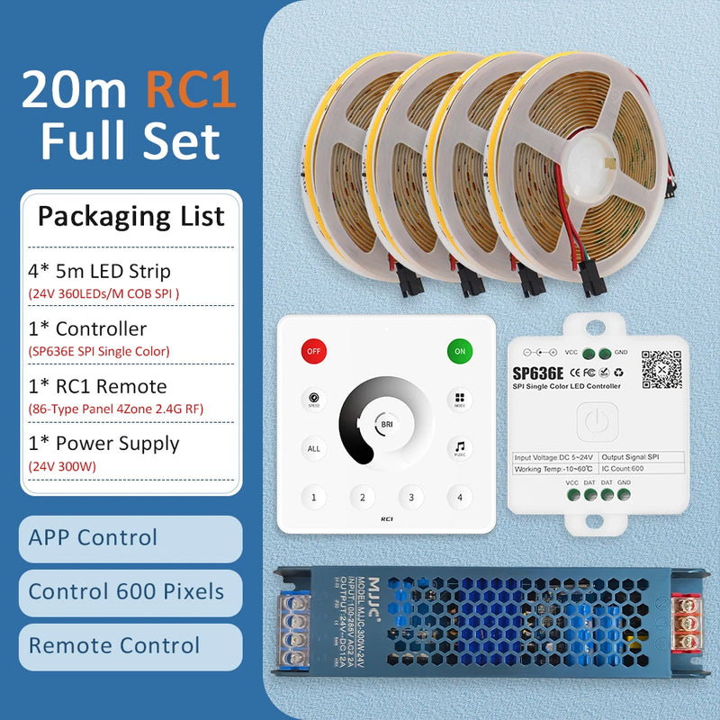 Ruban LED COB 24 V – contenu du kit de 20 m avec panneau tactile mural