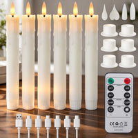 Bougies LED coniques rechargeables – 6 bougies blanches de 17 cm avec bases, câbles USB-C et télécommande
