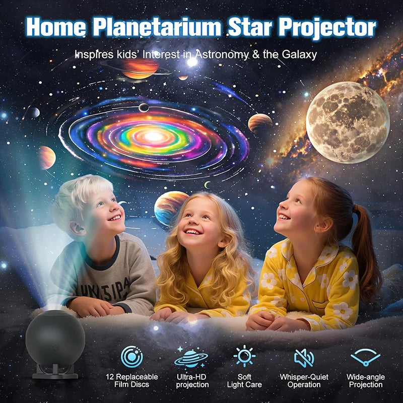 Veilleuse projecteur ciel étoilé boule noire – enfants qui observent la galaxie projetée