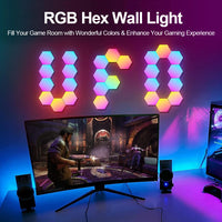 Appliques hexagonales LED RGB – décor en forme de mot devant un écran de jeu