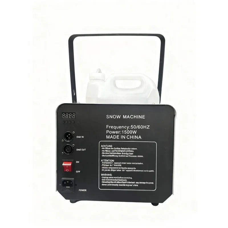 Machine à neige 1500 W – panneau arrière avec prises DMX, interrupteur et alimentation