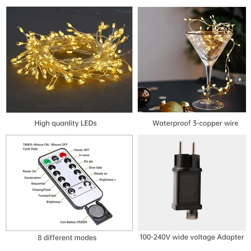 Guirlande lumineuse en grappes LED – modes, minuterie et adaptateur 100-240 V