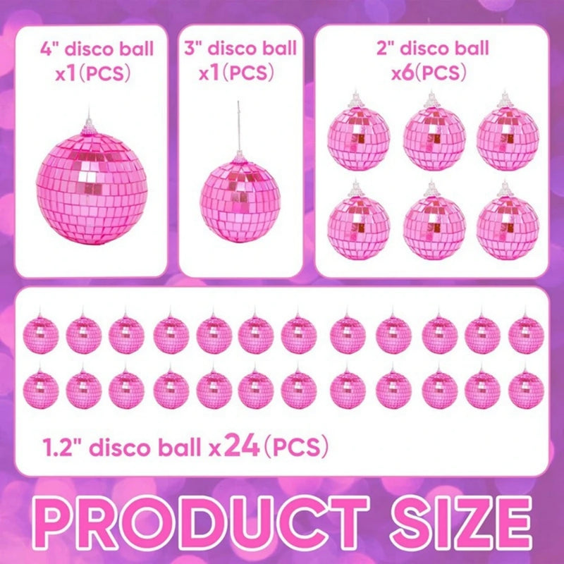 Boules à facettes déco en lot – tailles du lot de 32 pièces roses : 1 boule de 10 cm, 1 de 7 cm, 6 de 5 cm, 24 de 3 cm