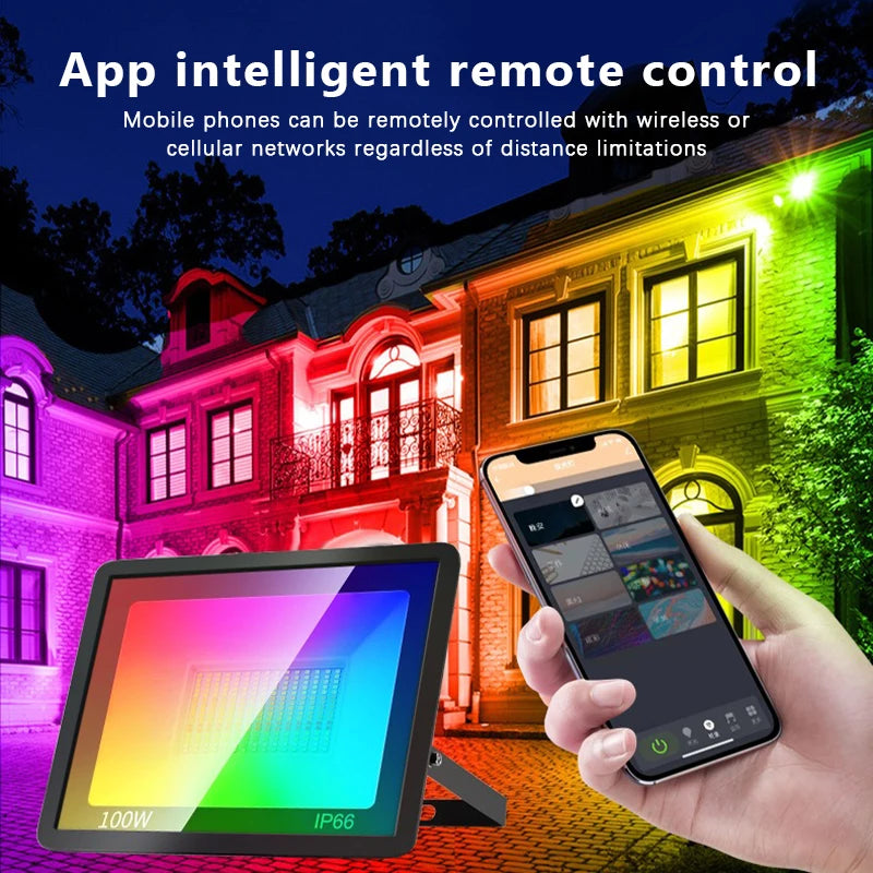 Projecteur LED extérieur connecté Wi-Fi, RGB et blanc, 30 à 100 W