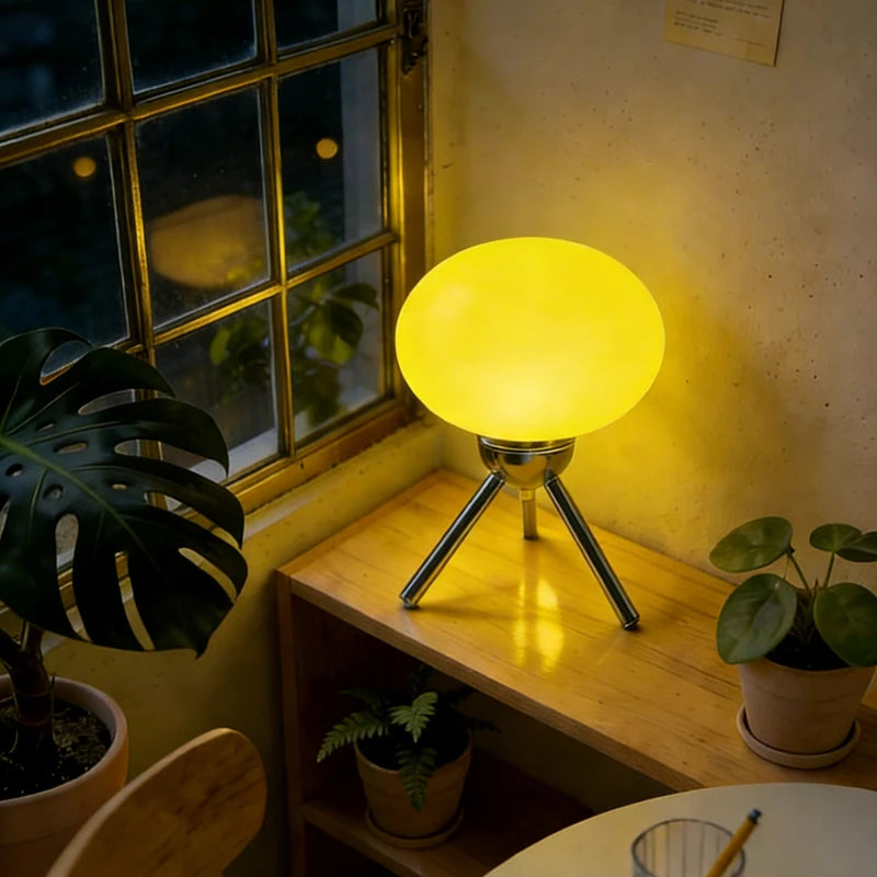 Lampe champignon en verre – globe vert allumé, lueur jaune