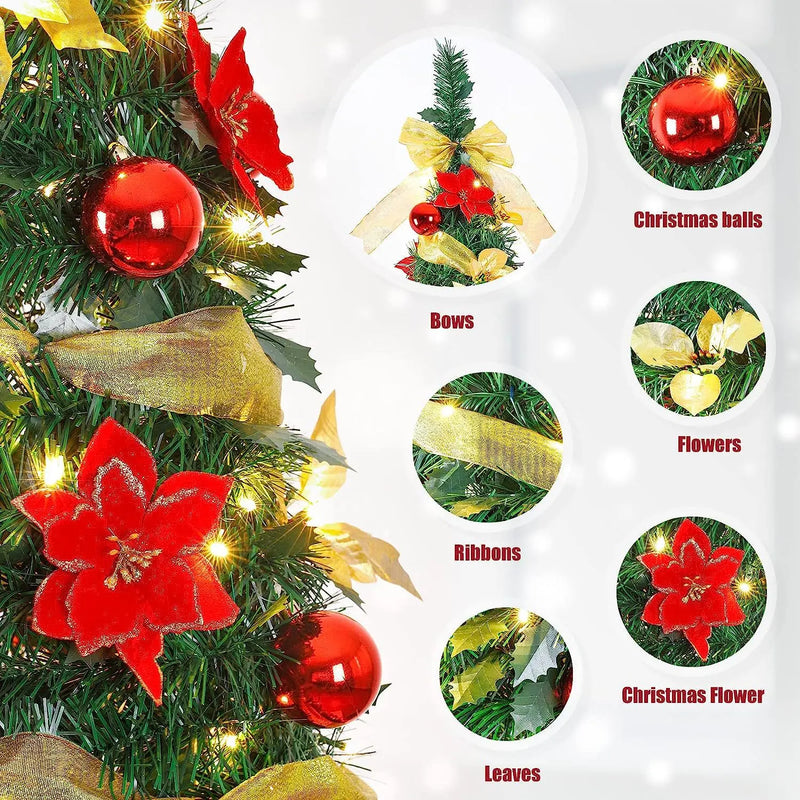 Petit sapin lumineux pop-up 120 cm avec LED, rubans et fleurs de Noël