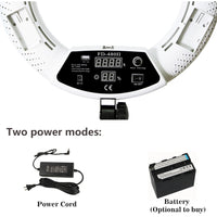 Anneau lumineux LED 45 cm – dos de l'anneau blanc : écran numérique, deux modes d'alimentation, adaptateur ou batterie en option